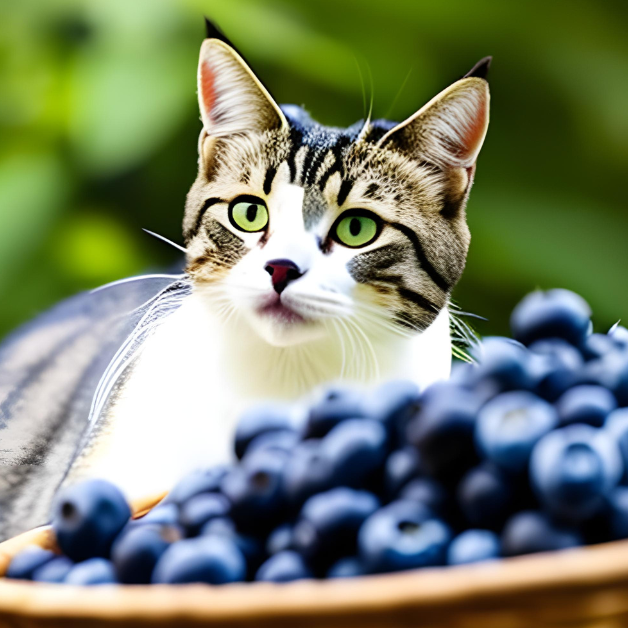 Cat eating blueberries