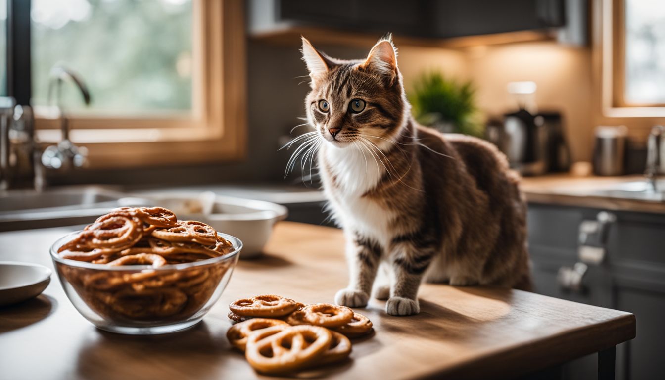 A cat curiously stares at a bowl of pretzels on a kitchen counter.