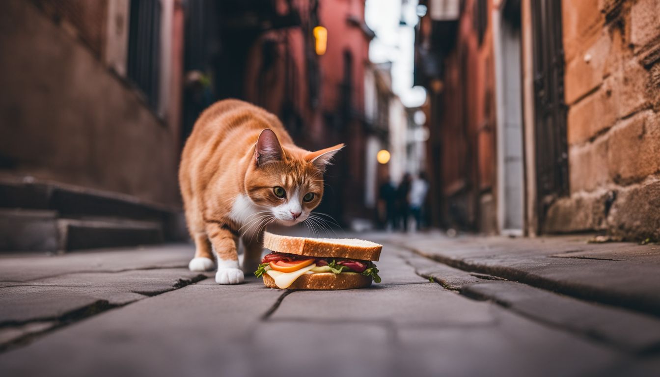 A curious cat sniffing a discarded sandwich in a city alley.