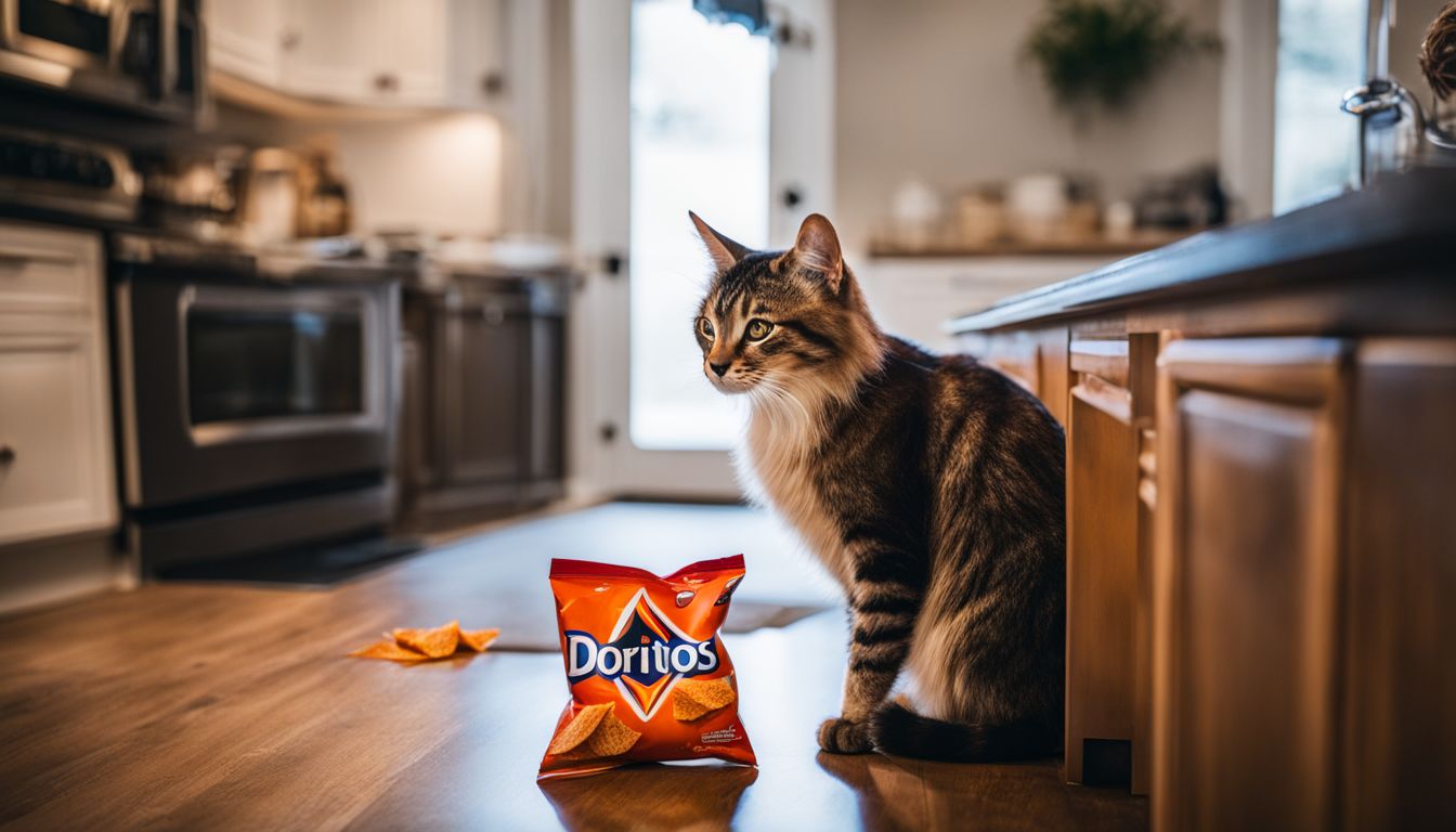 A curious cat sniffing a bag of Doritos in a bustling kitchen.