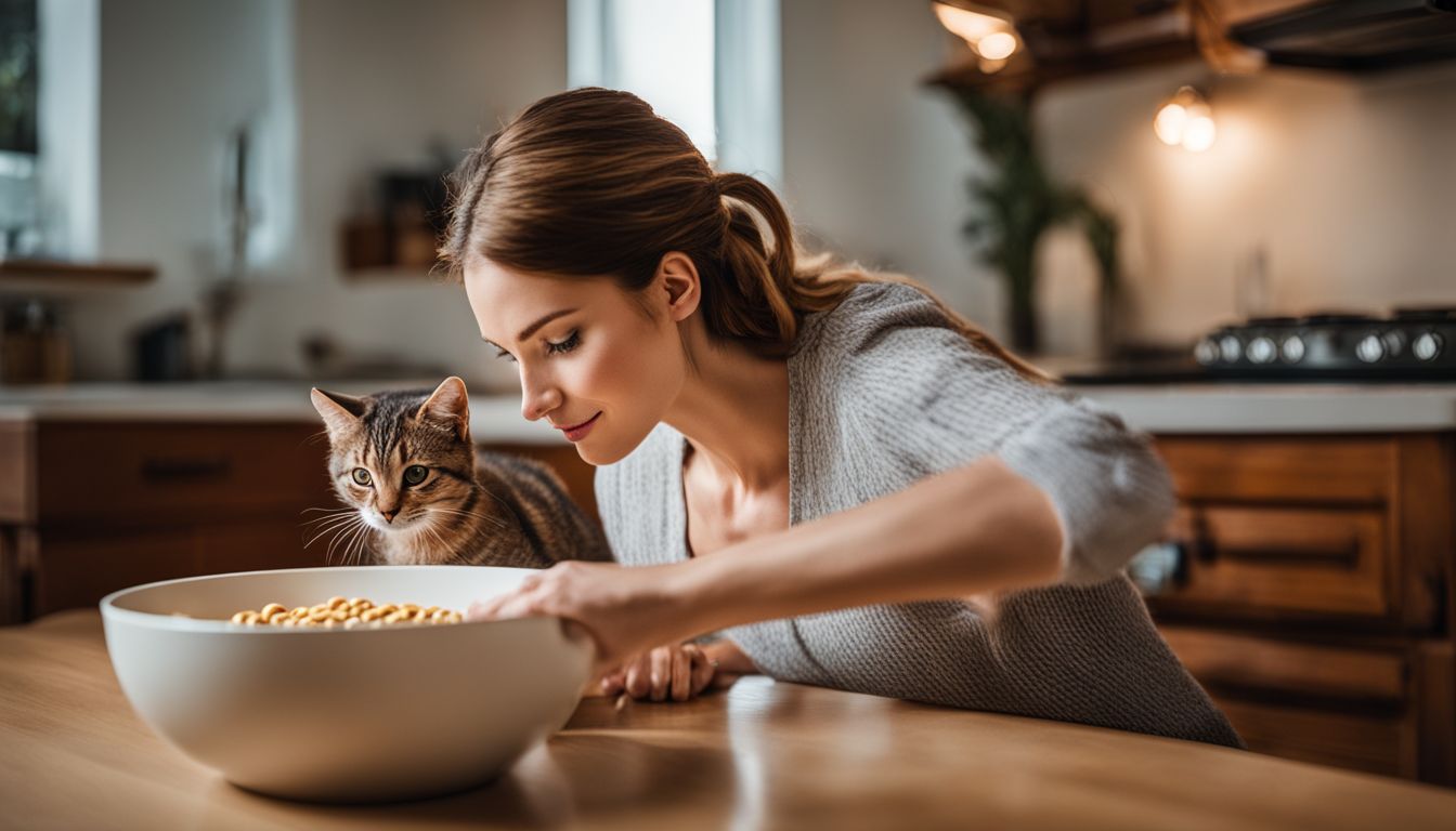 The photo captures a cat sniffing a bowl of Cheerios on a kitchen table.