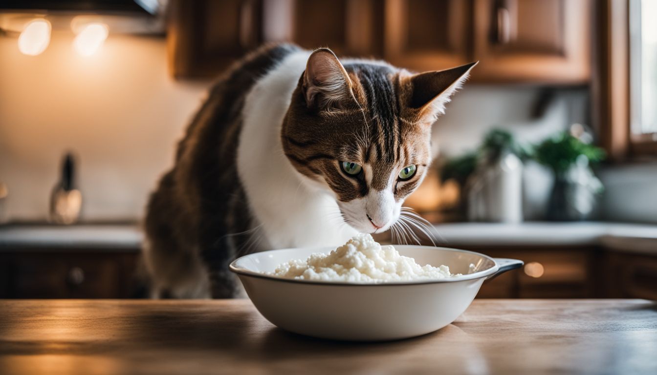 A cat curiously sniffs a small amount of cottage cheese in a cozy kitchen.