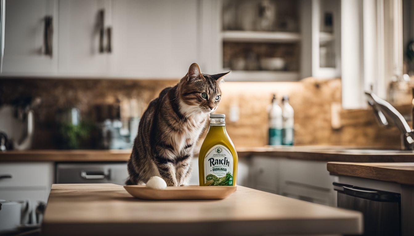 A cat cautiously sniffing a bottle of ranch dressing in a kitchen.
