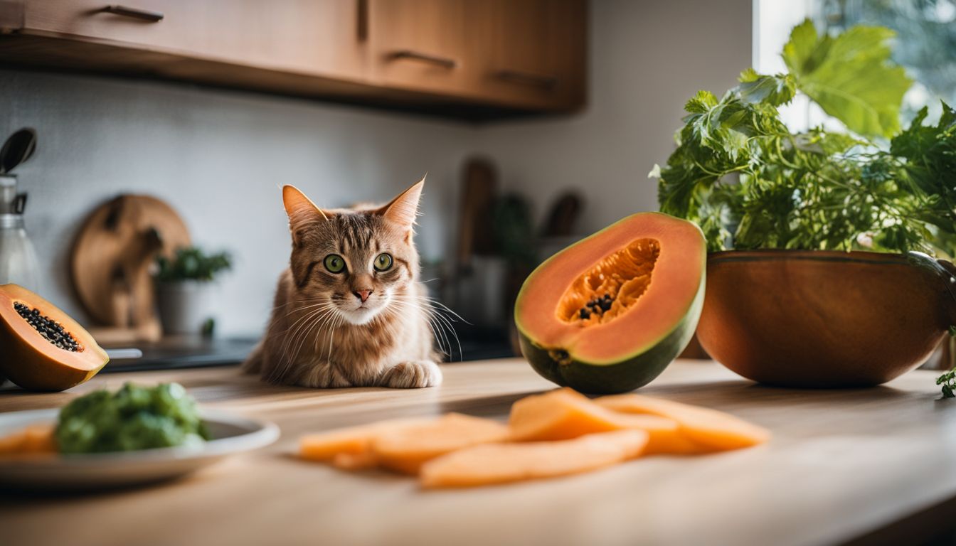 A cat in a sunny kitchen curiously sniffing a piece of papaya.
