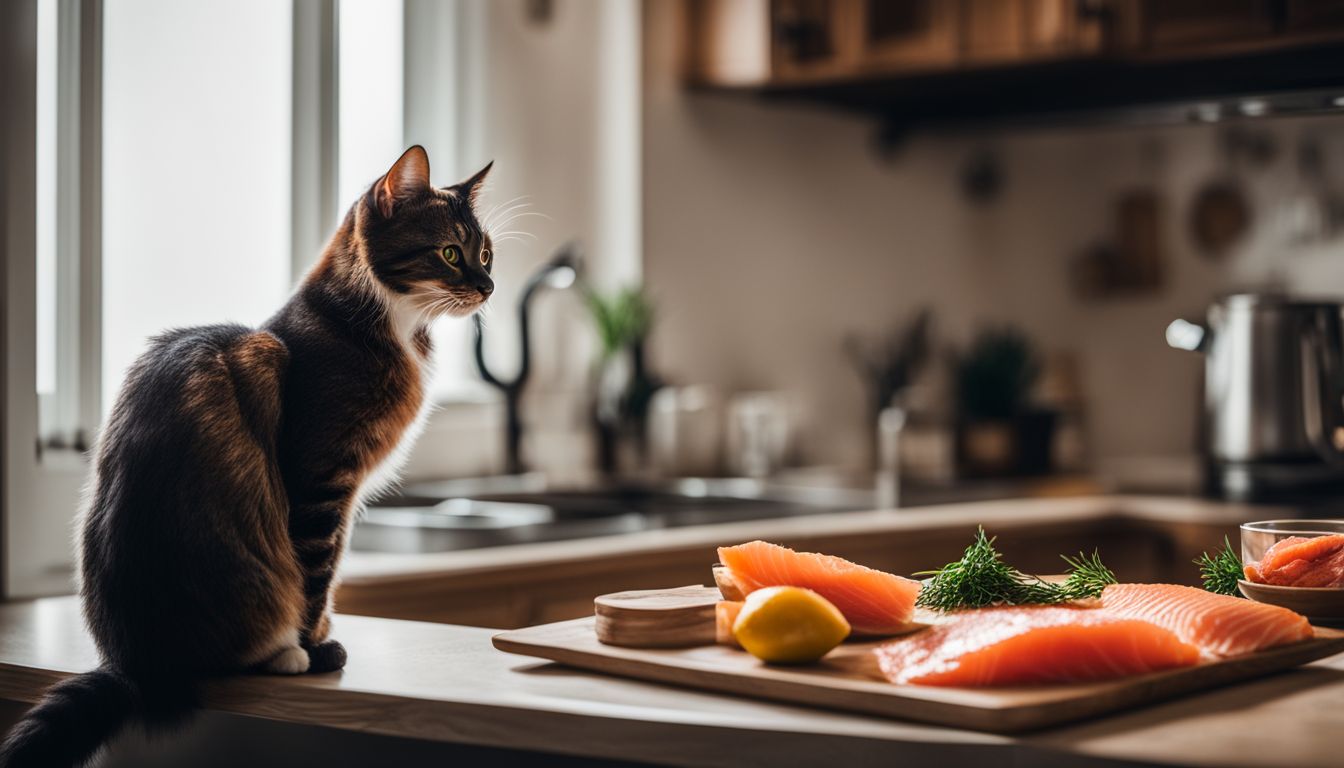 A curious cat eyes a piece of smoked salmon on a counter.