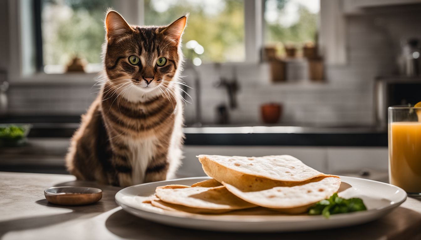 A curious cat eyeing a tortilla on a kitchen counter.