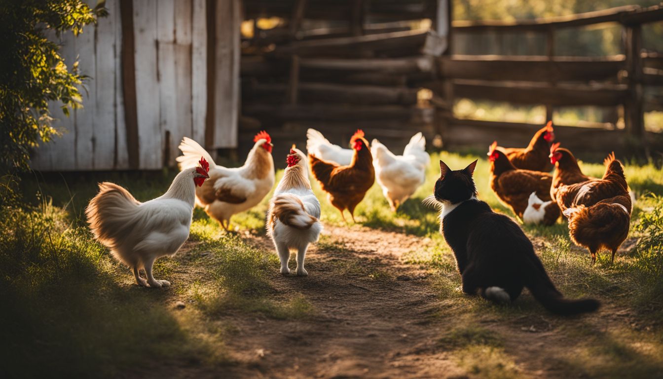 A cat lurks near free-roaming chickens on a rural farm.