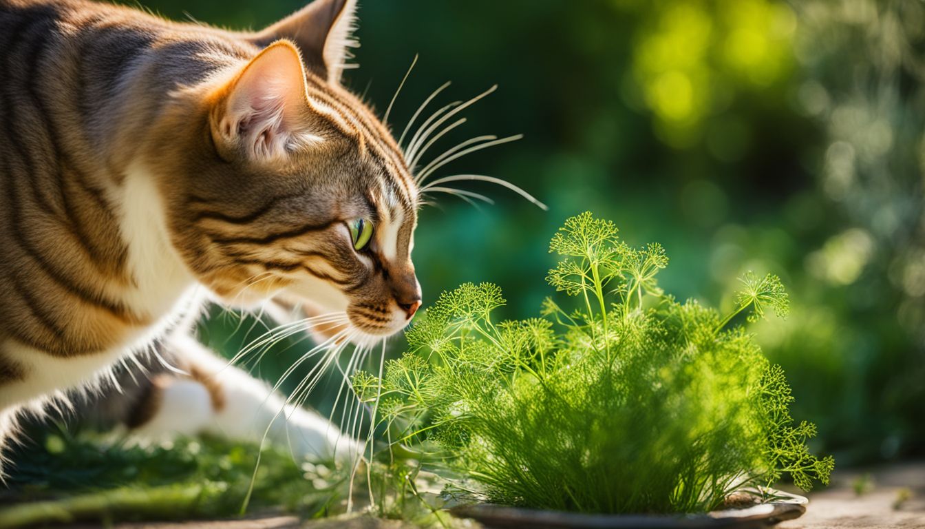 A cat sniffing a sprig of dill in a sunny garden.