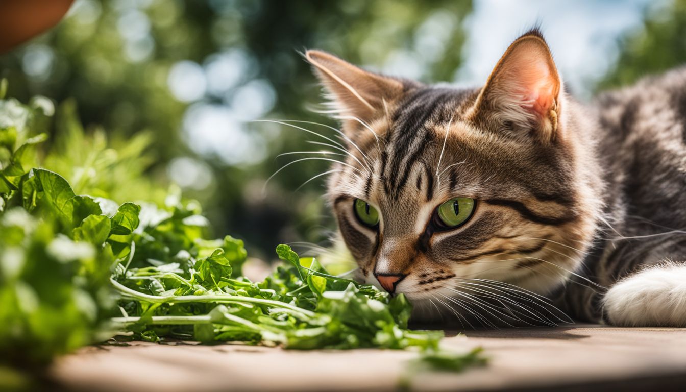 A cat enjoying arugula in a sunny garden, captured in crisp detail.