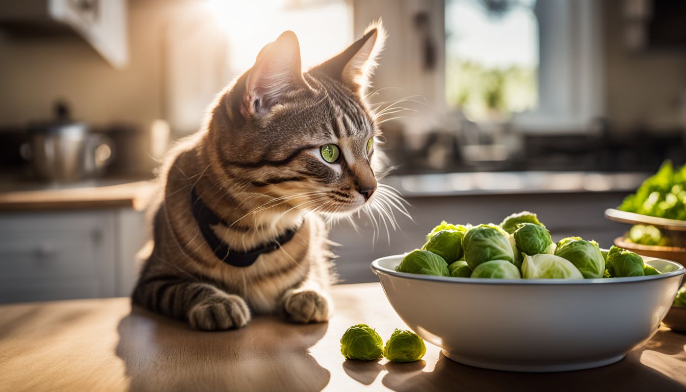 A cat sniffing a bowl of brussel sprouts in a sunlit kitchen. A cat sniffing a bowl of brussel sprouts in a sunlit kitchen.