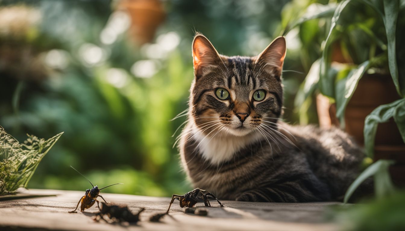 A cat playing with crickets in a vibrant garden setting. A cat playing with crickets in a vibrant garden setting.