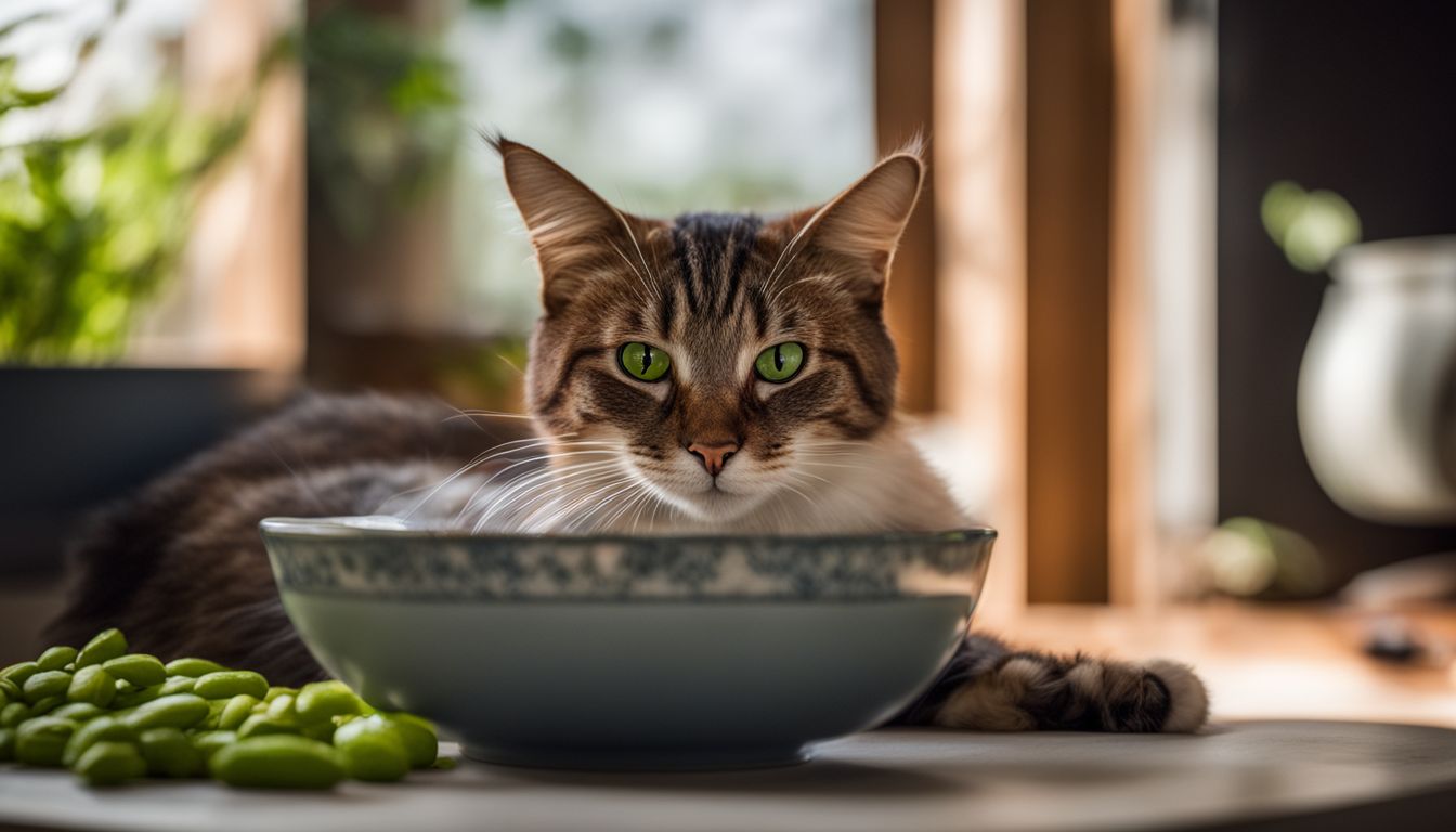 A cat sits contentedly beside a bowl of edamame in a cozy home environment.