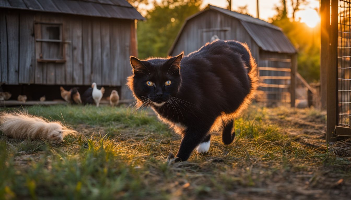 A barn cat prowls around a chicken coop at dusk.