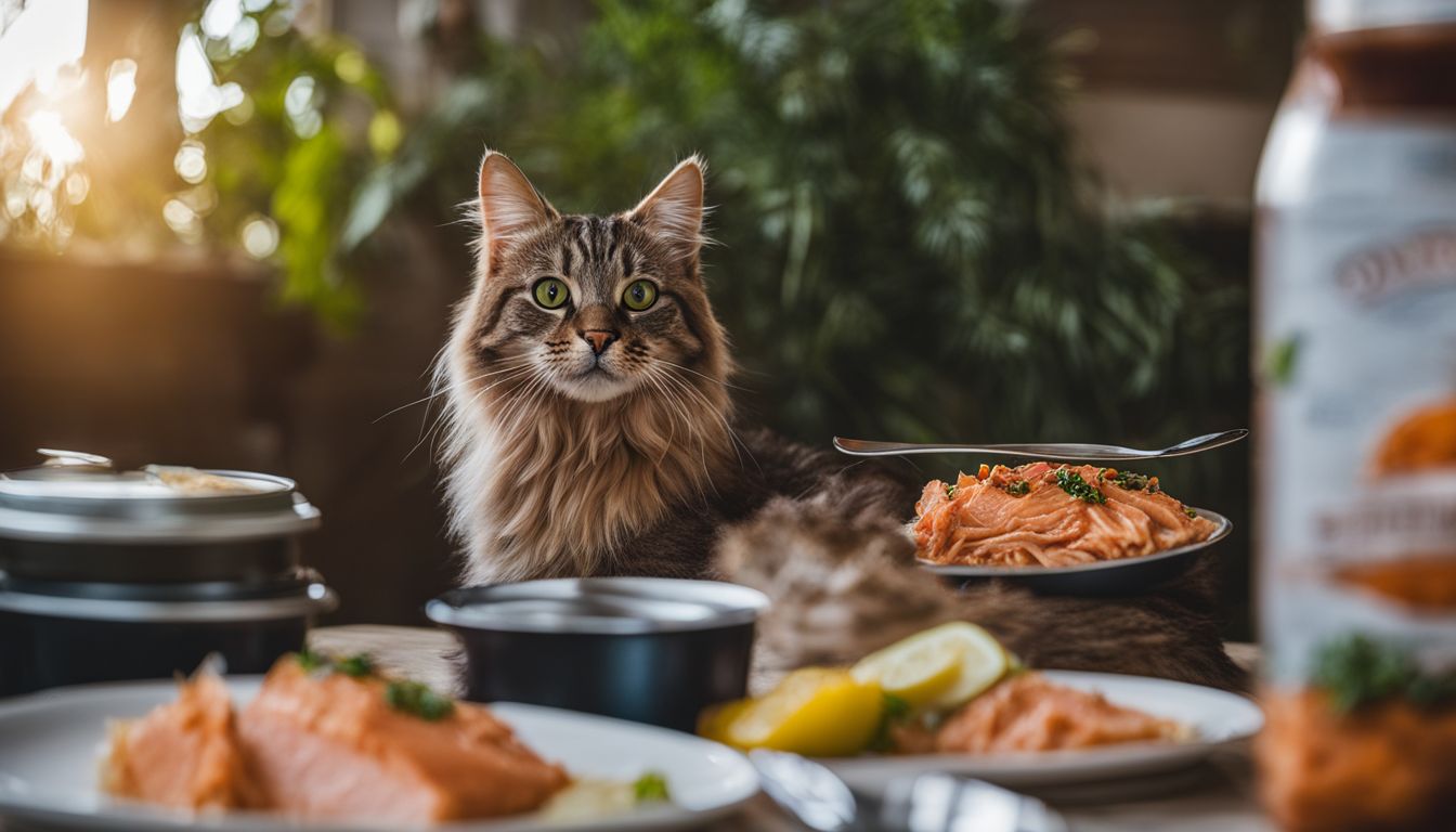 A cat enjoying a meal of canned salmon in a home.