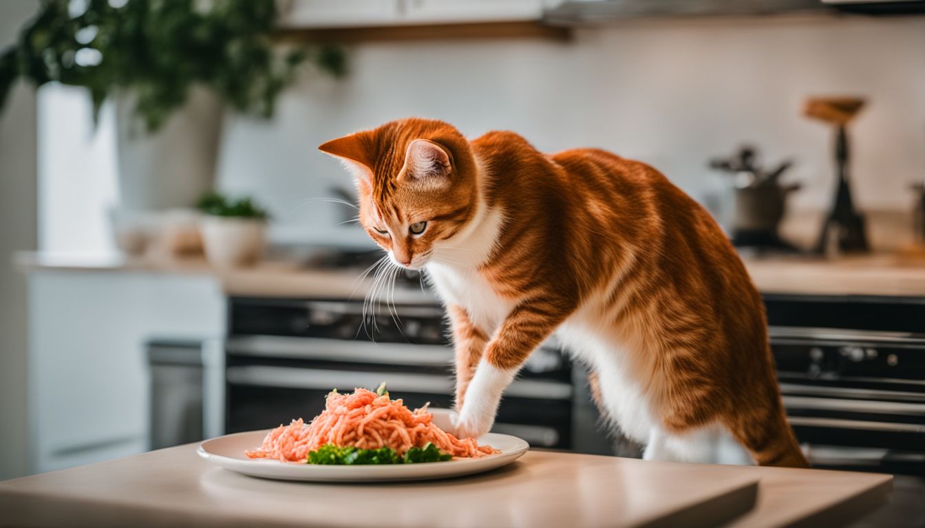 A curious cat investigates imitation crab meat on a kitchen counter.