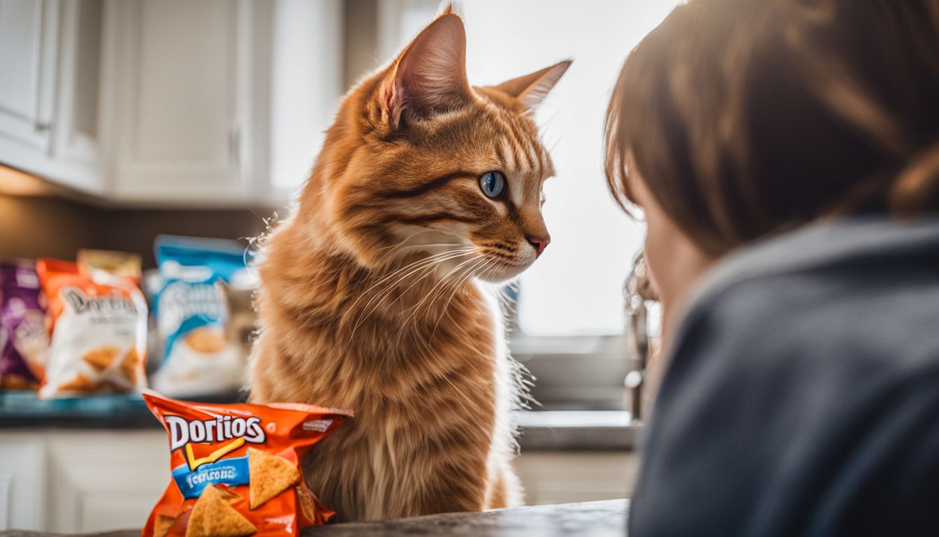 A curious cat looks at a bag of Doritos on a kitchen counter.