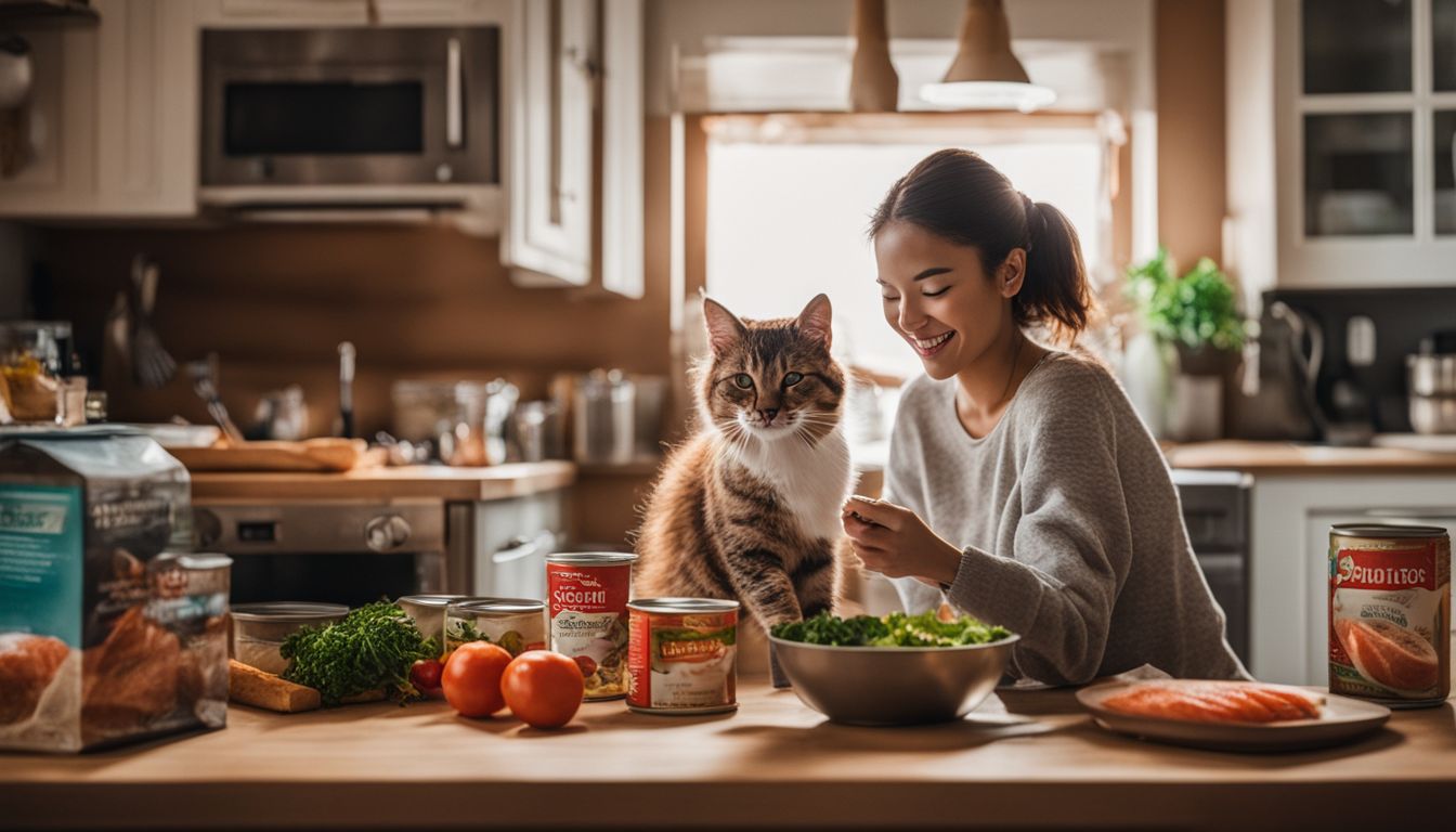 A cat eagerly eats canned salmon in a warm kitchen.