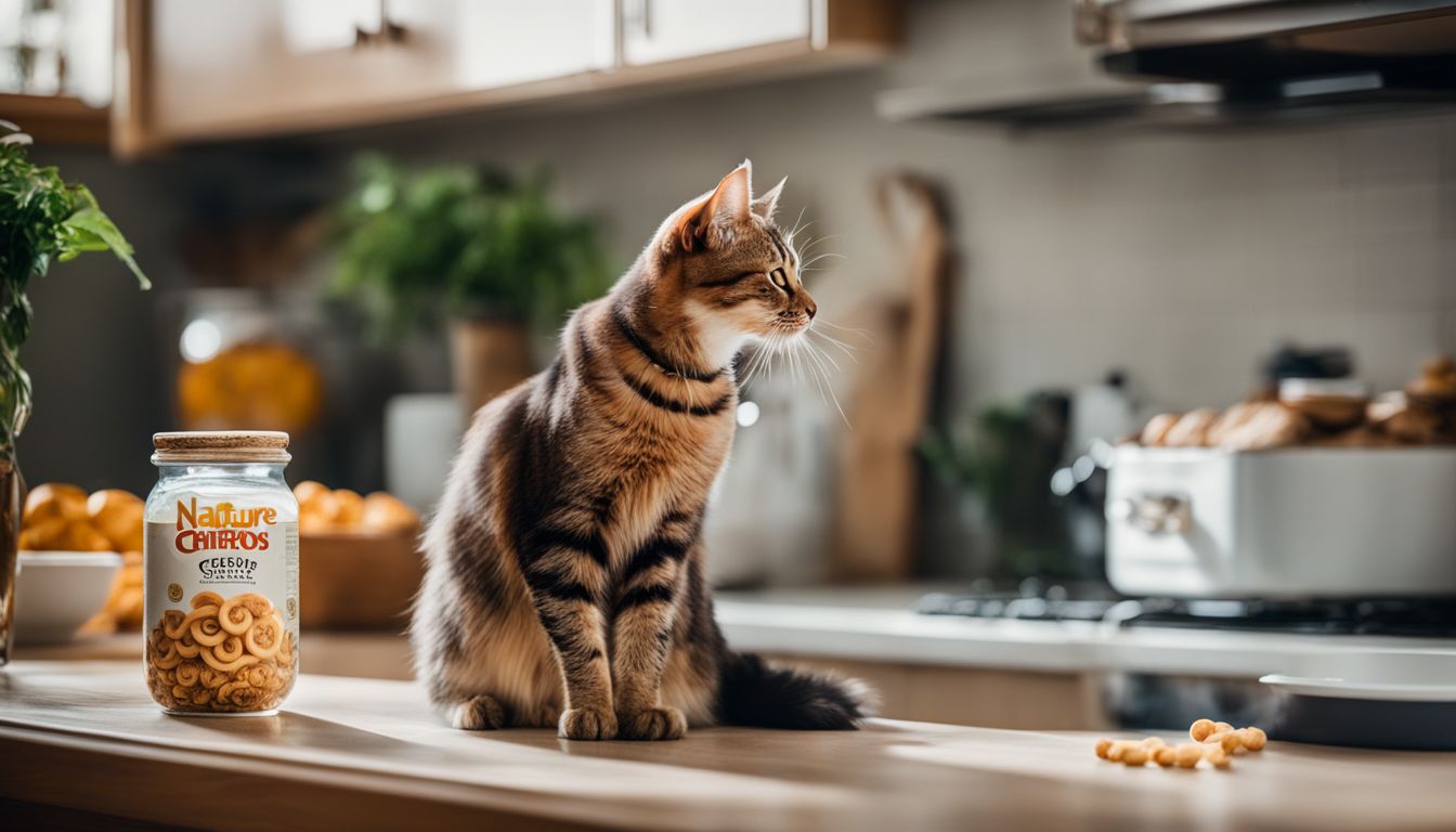 A curious cat sniffing a bowl of Cheerios on a kitchen counter.