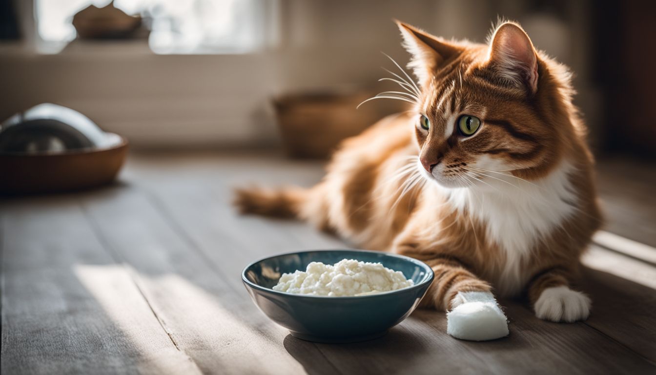 A cat refuses to eat cottage cheese, sitting beside a spilled bowl.