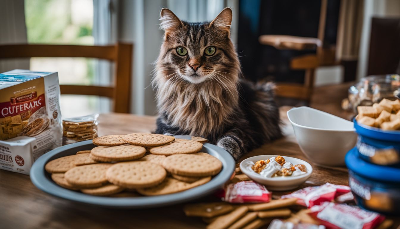 A displeased cat surrounded by treats and graham crackers.