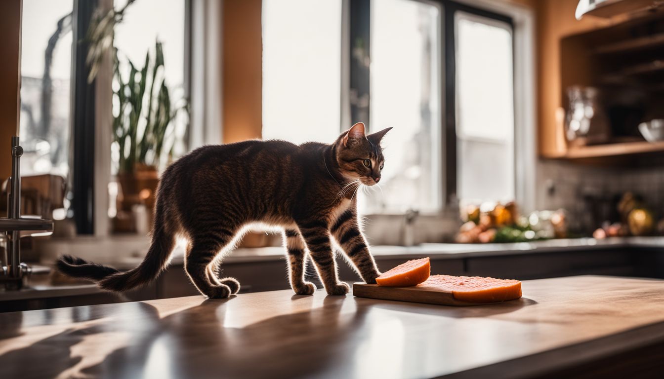 A curious cat sniffing a piece of bologna on a kitchen countertop.