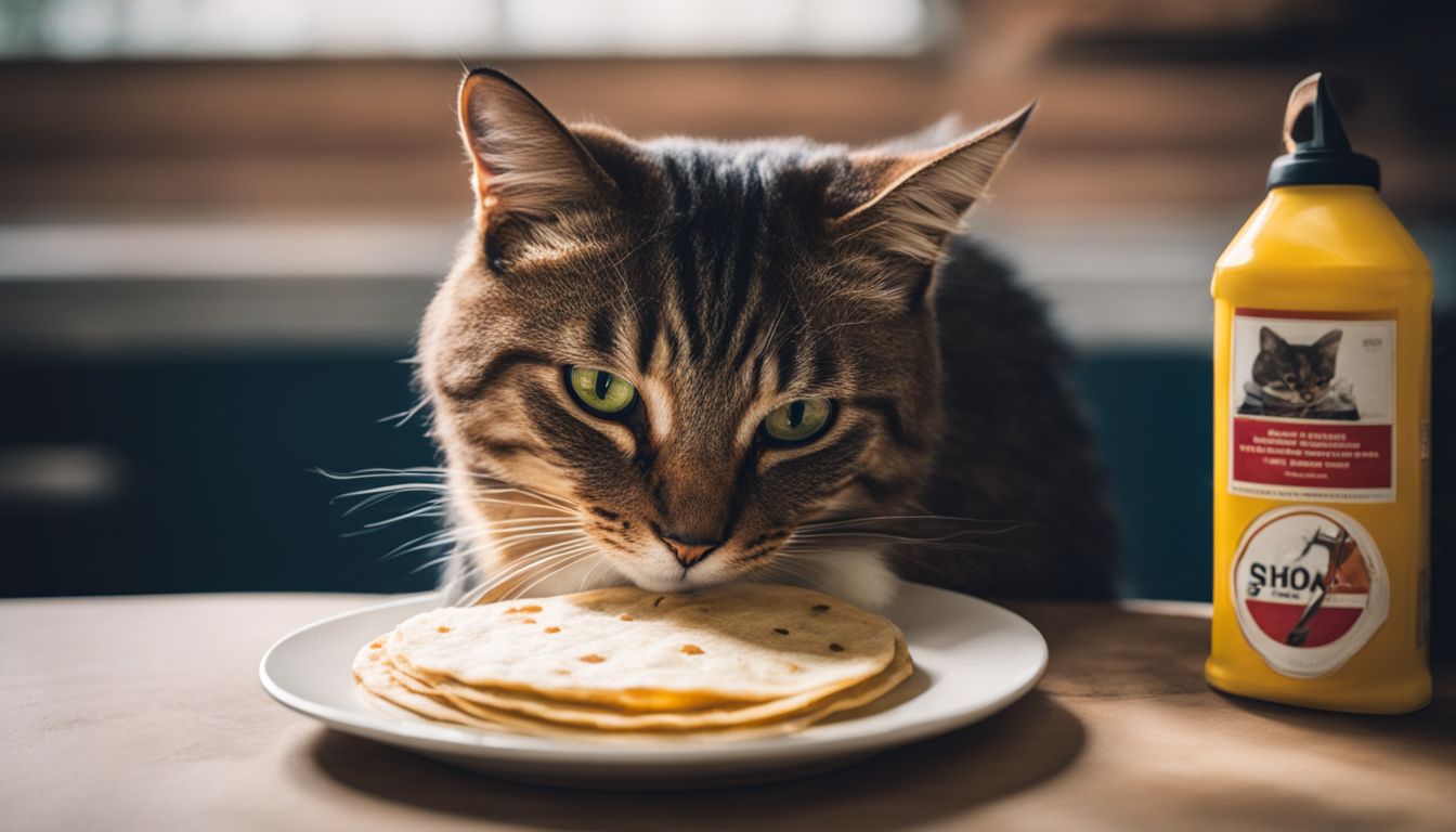 A cat cautiously turns away from a plate of tortillas with warning labels.