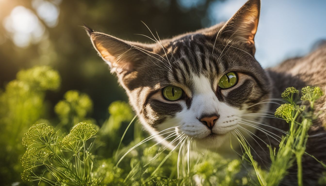 A cat smelling dill in a sunny garden.