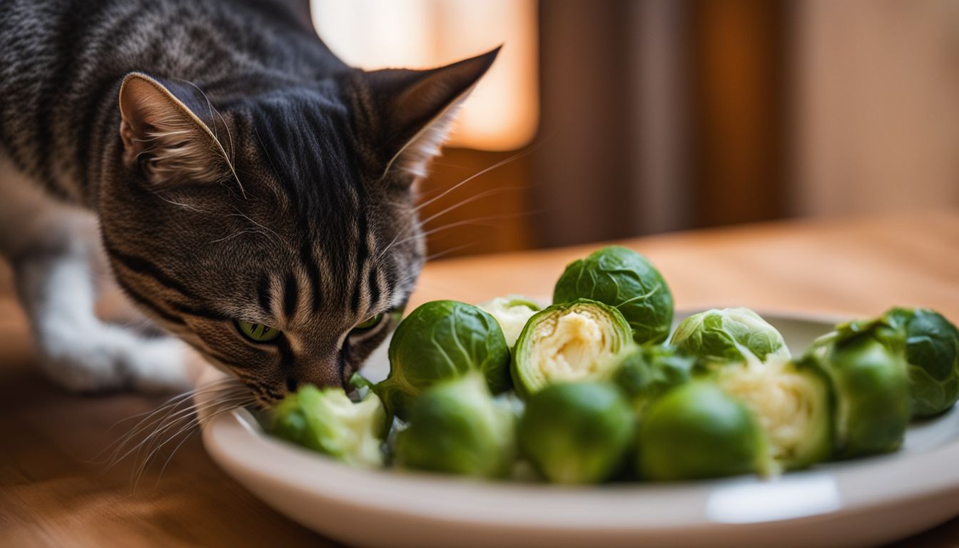 A cat nibbling on a brussels sprout in a cozy kitchen. A cat nibbling on a brussels sprout in a cozy kitchen.