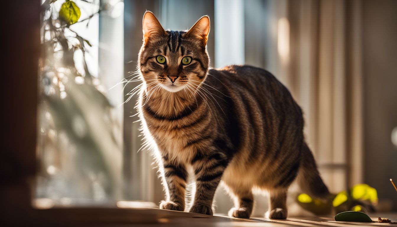 A tabby cat stalking a cricket in a sunlit room. A tabby cat stalking a cricket in a sunlit room.