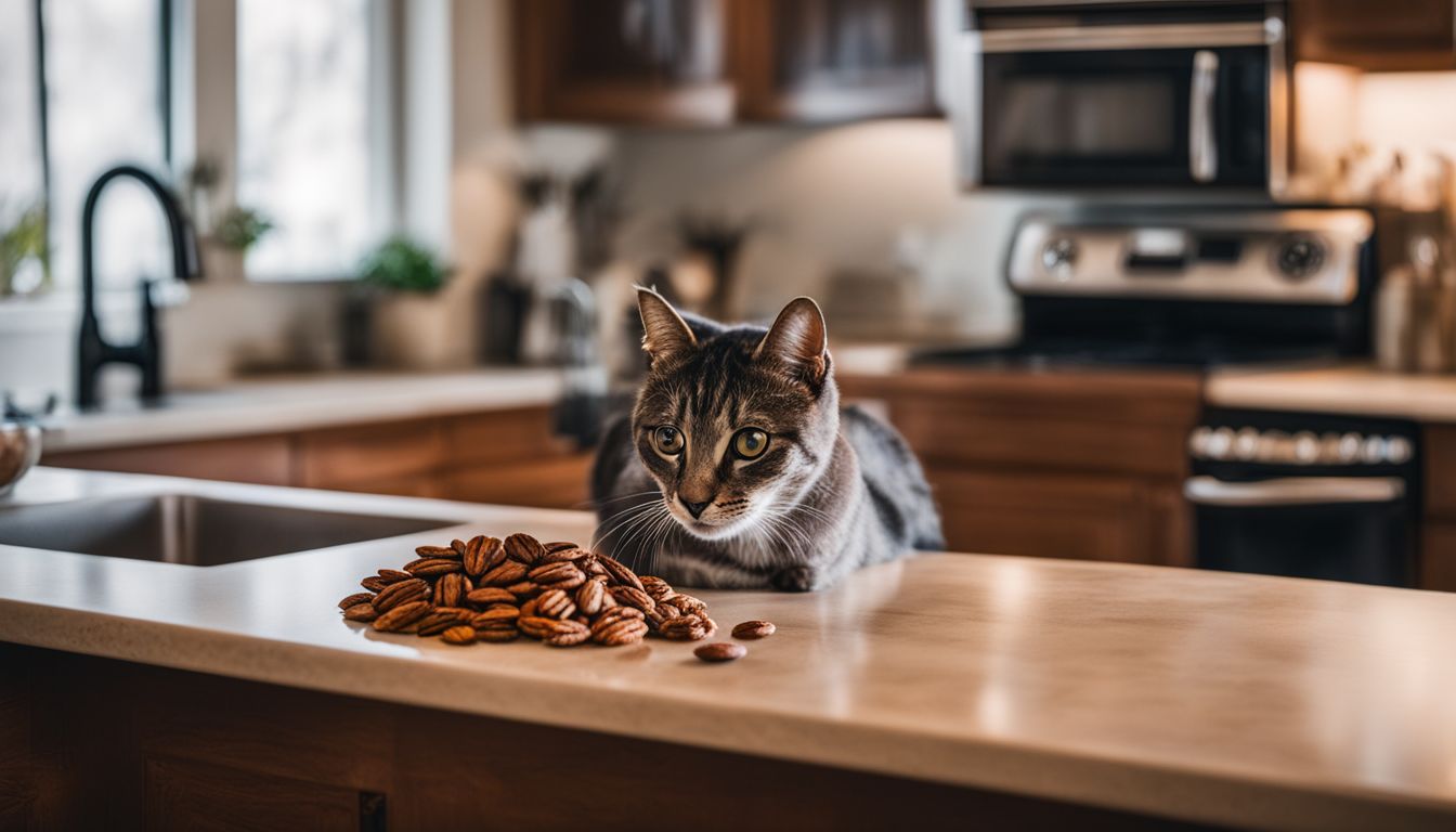 A cat explores a kitchen counter with pecans in different outfits.