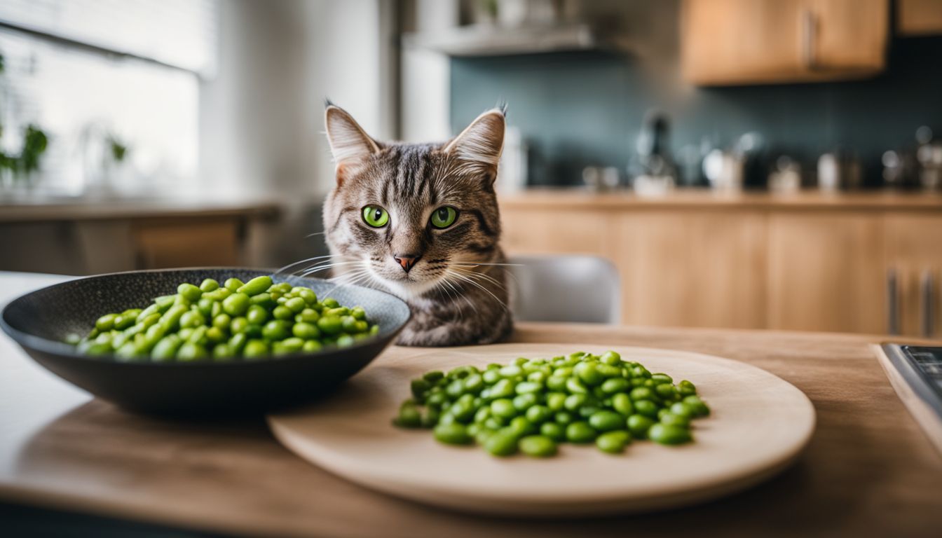 A cat about to eat edamame in a modern kitchen.