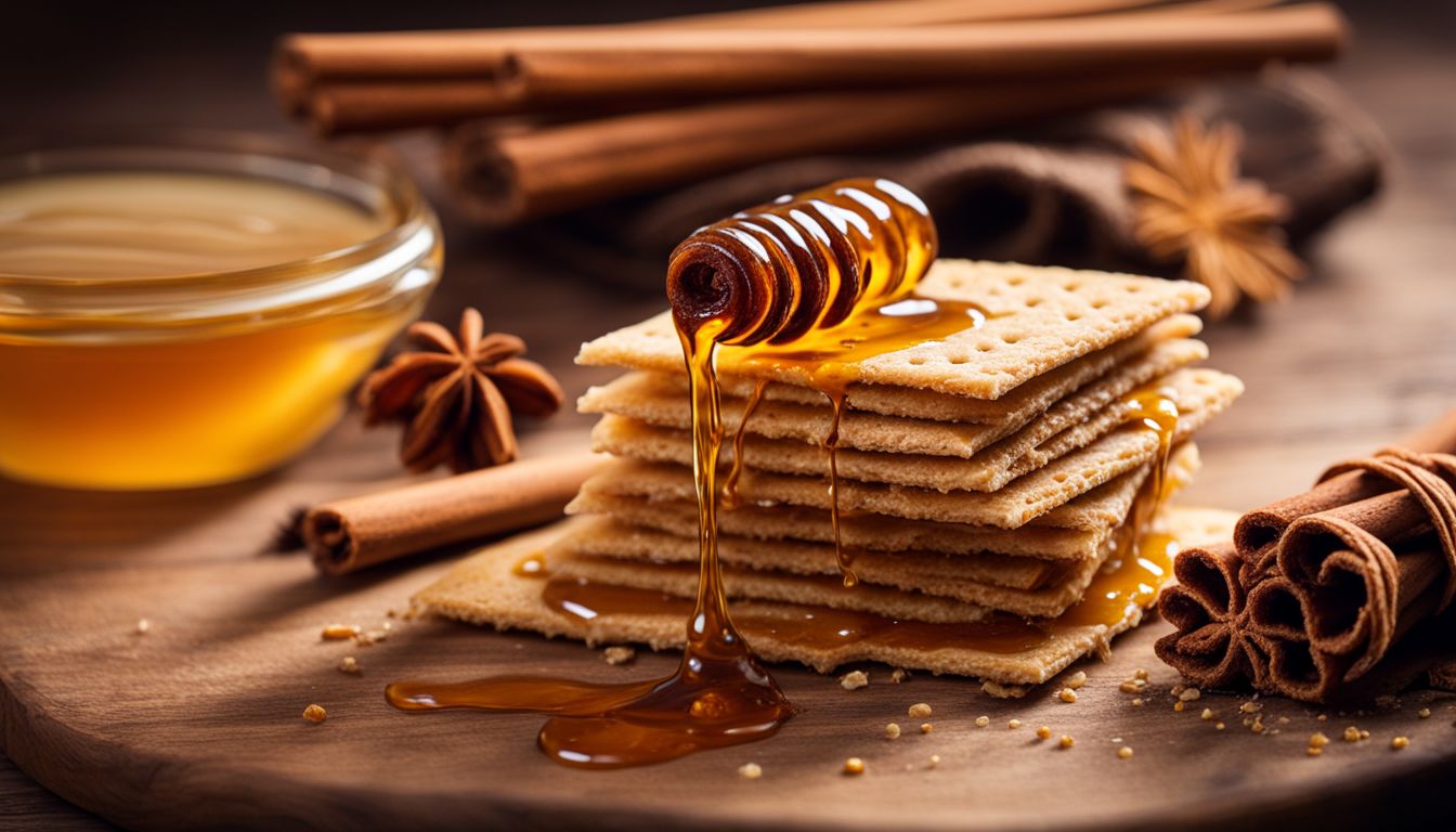 A close-up still life photo of a graham cracker surrounded by honey and cinnamon sticks.