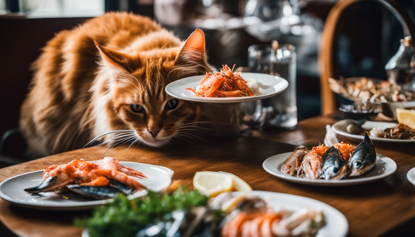 A cat sniffing at a plate of imitation crab surrounded by fish and seafood.
