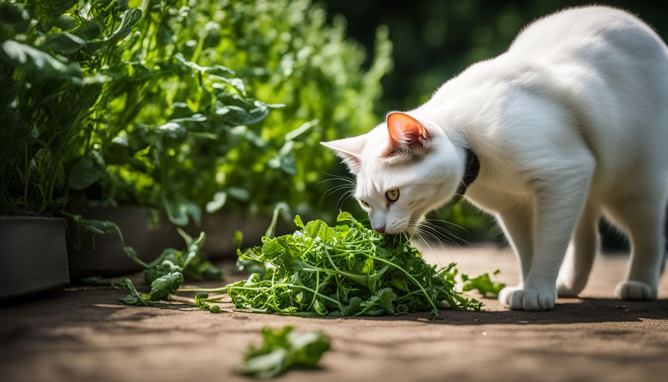 A cat curiously sniffing arugula in a kitchen garden.