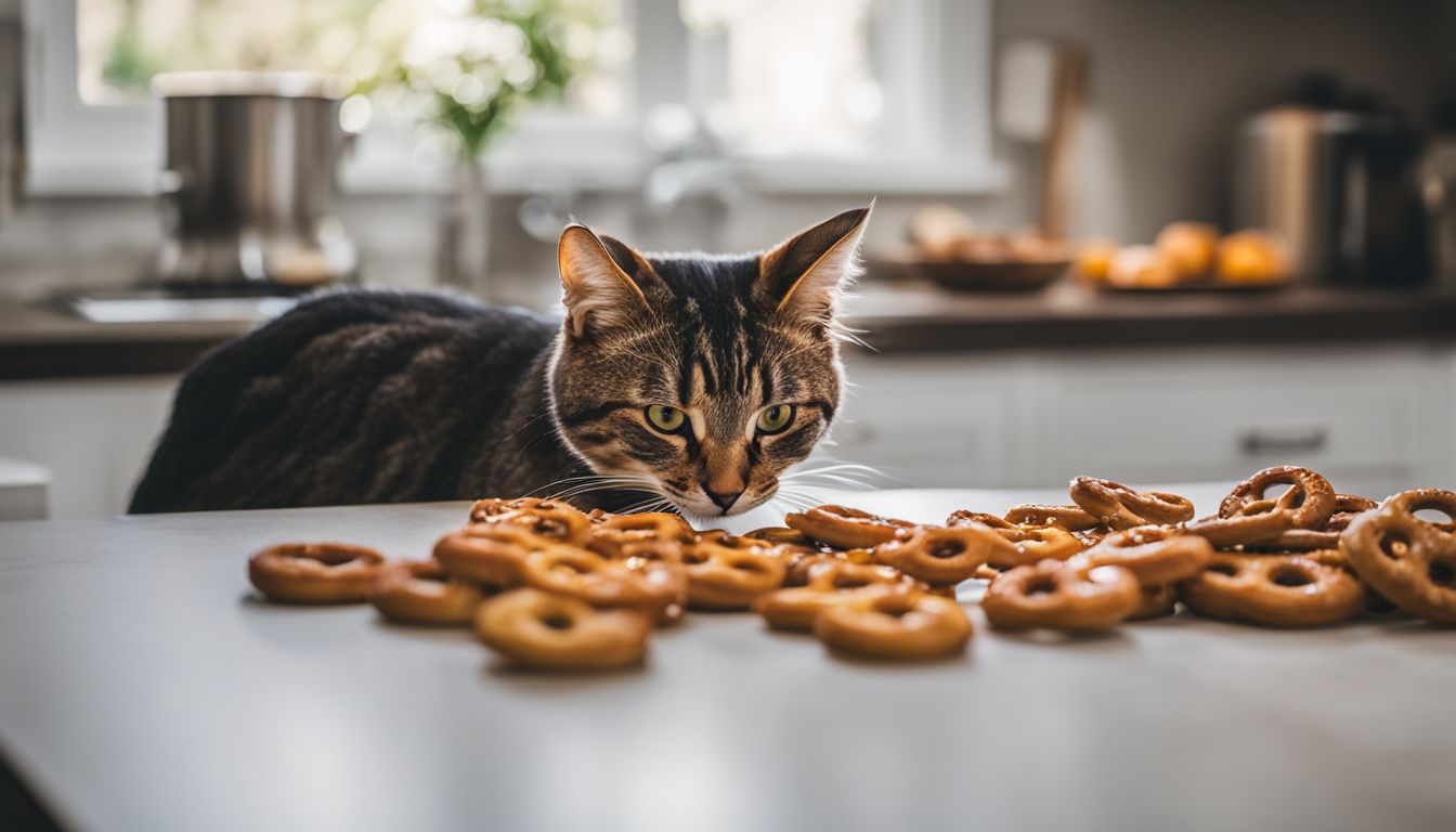 A cat inspecting pretzels on a kitchen counter.