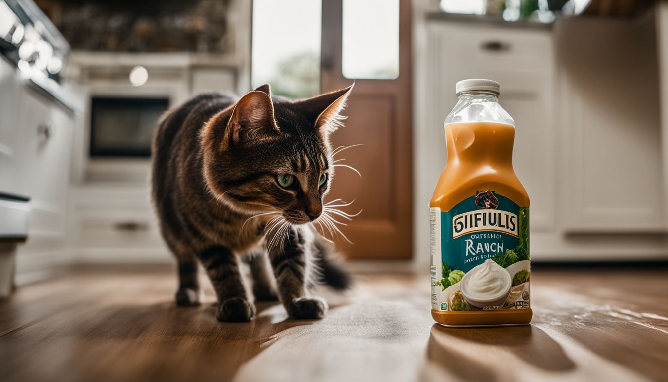 A curious cat sniffing spilled ranch dressing in a bright kitchen.