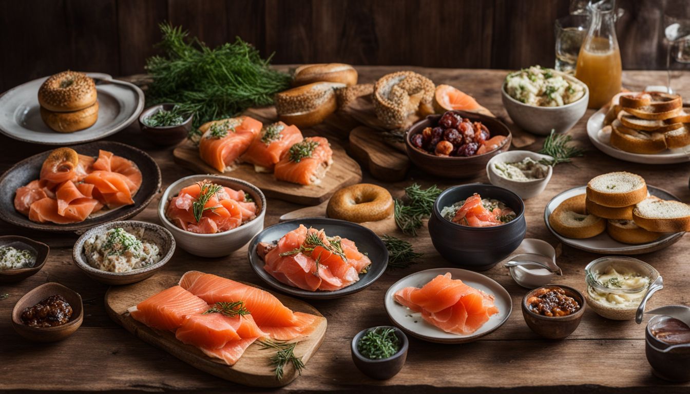 A rustic table spread with smoked salmon, bagels, and fancy dishes.